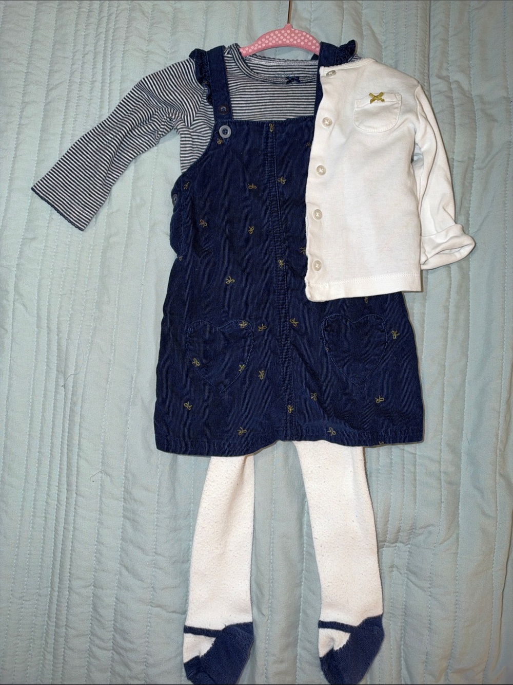 Adorable 4 Piece Set - Corduroy Jumper, Striped Shirt, Tights, Cardigan